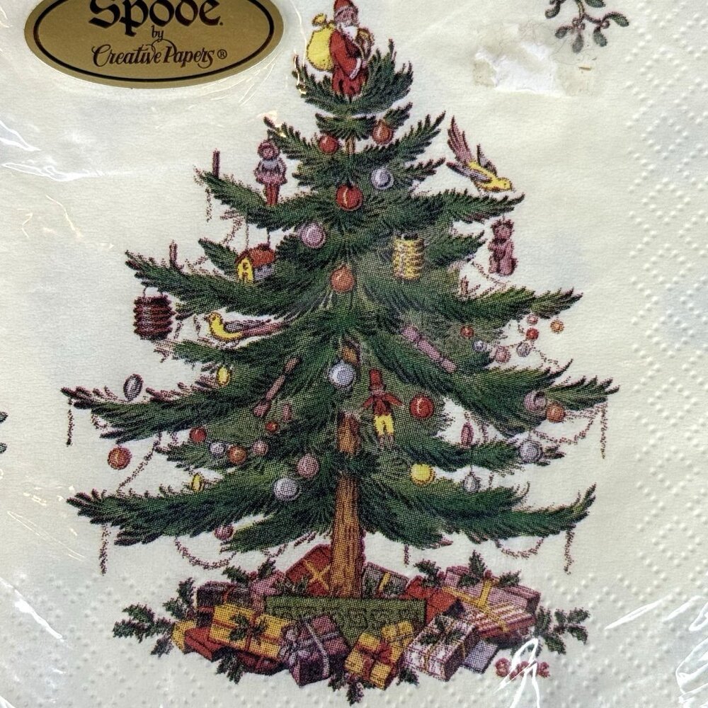 Spode Christmas Tree Napkins Green Trim Square Beverage Napkin Set 16 USA - Picture 3 of 4